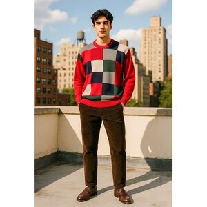 Pringle of Scotland Mens Lambswool Grandpa Sweater Patchwork Retro Multicolor L